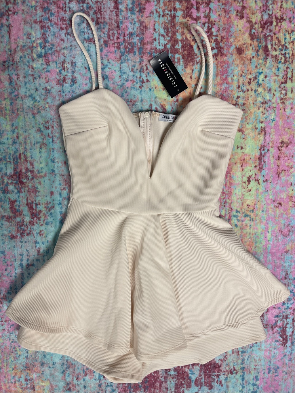 Fashion Nova Cream Strapless Peplum Romper